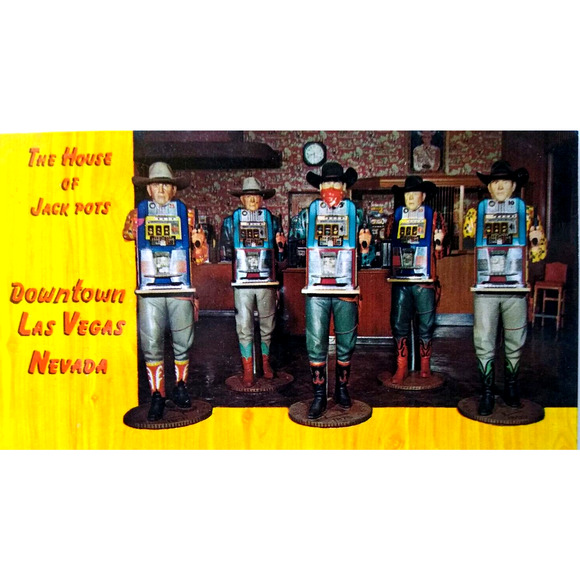 Las Vegas Club Casino Hotel Postcard Nevada One Arm Bandit Cowboy Gambling Hall - Picture 1 of 3